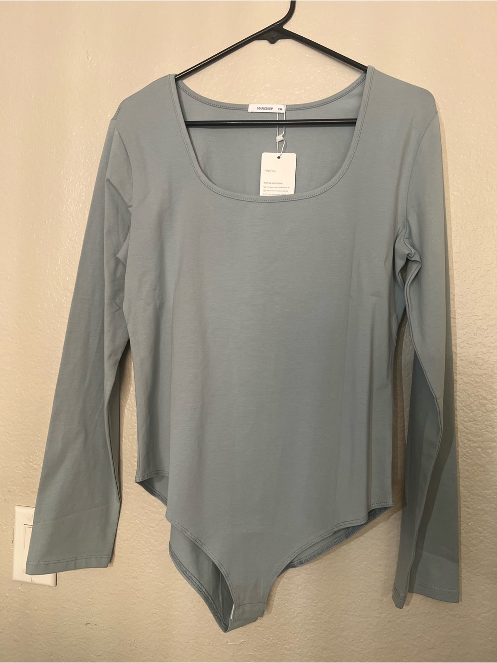 Mangdiup light Blue Long Sleeve Scoop Neck Bodysuit . Plus size